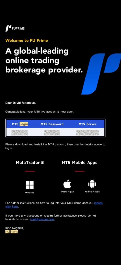 E-mail de dados de acesso PU Prime com MT5 Login, Palavra-passe e Servidor